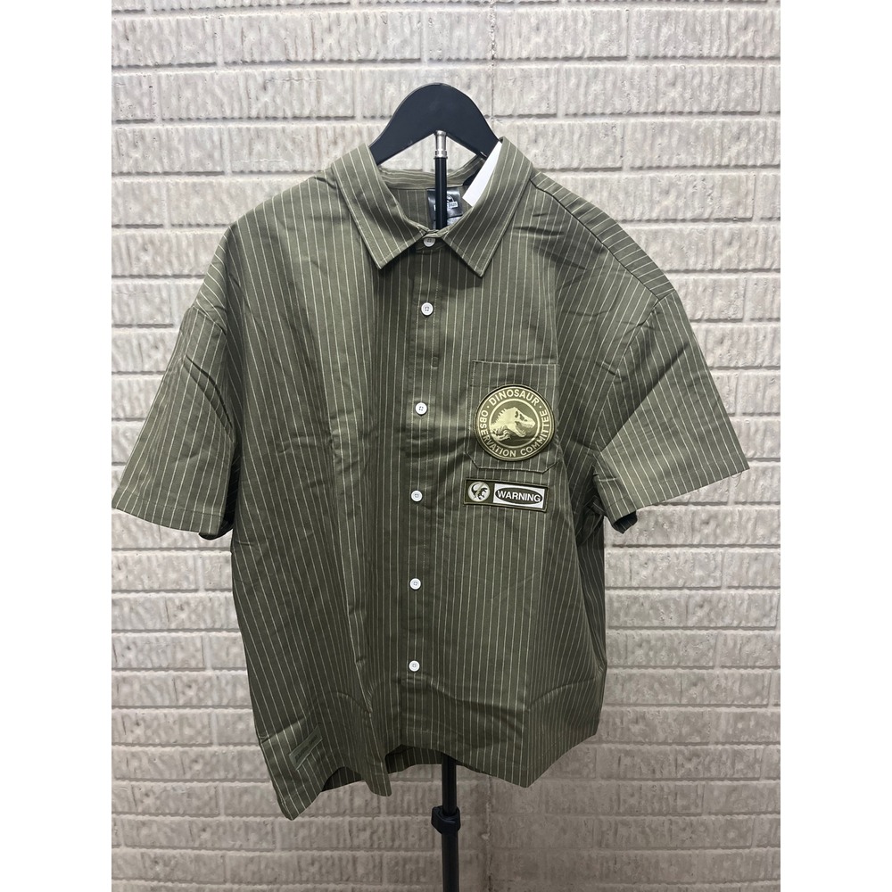 Jurassic Park Dinosaur Observation Committee Military Green Pinstripe Shirt L
